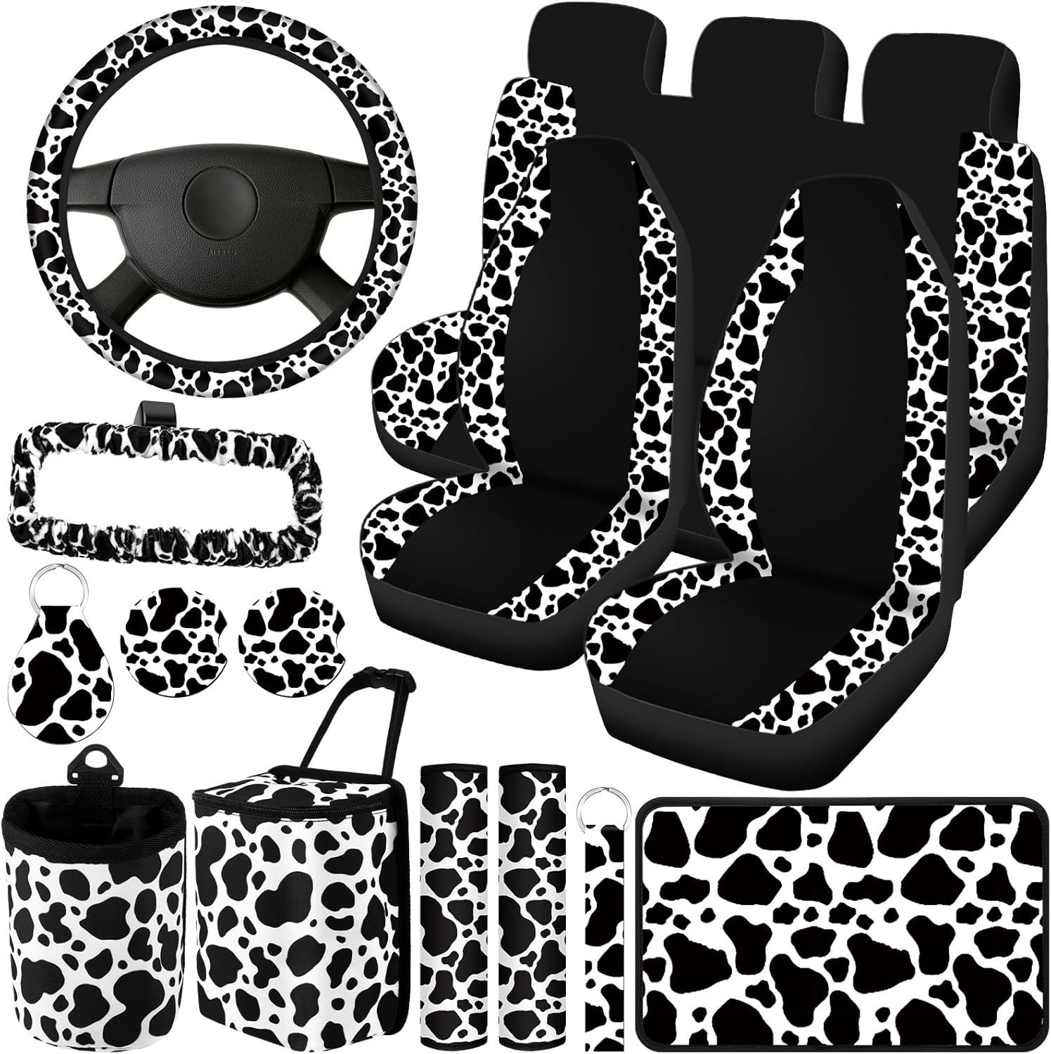 Datanly 16Pcs Cow Print Car Seat Cover Full Set for Women Men Car Seat Accessories Protector Steering Wheel Armrest Pad Belt Pads Mirror Cover for Most Sedan SUV Van (White, Black) image number 4