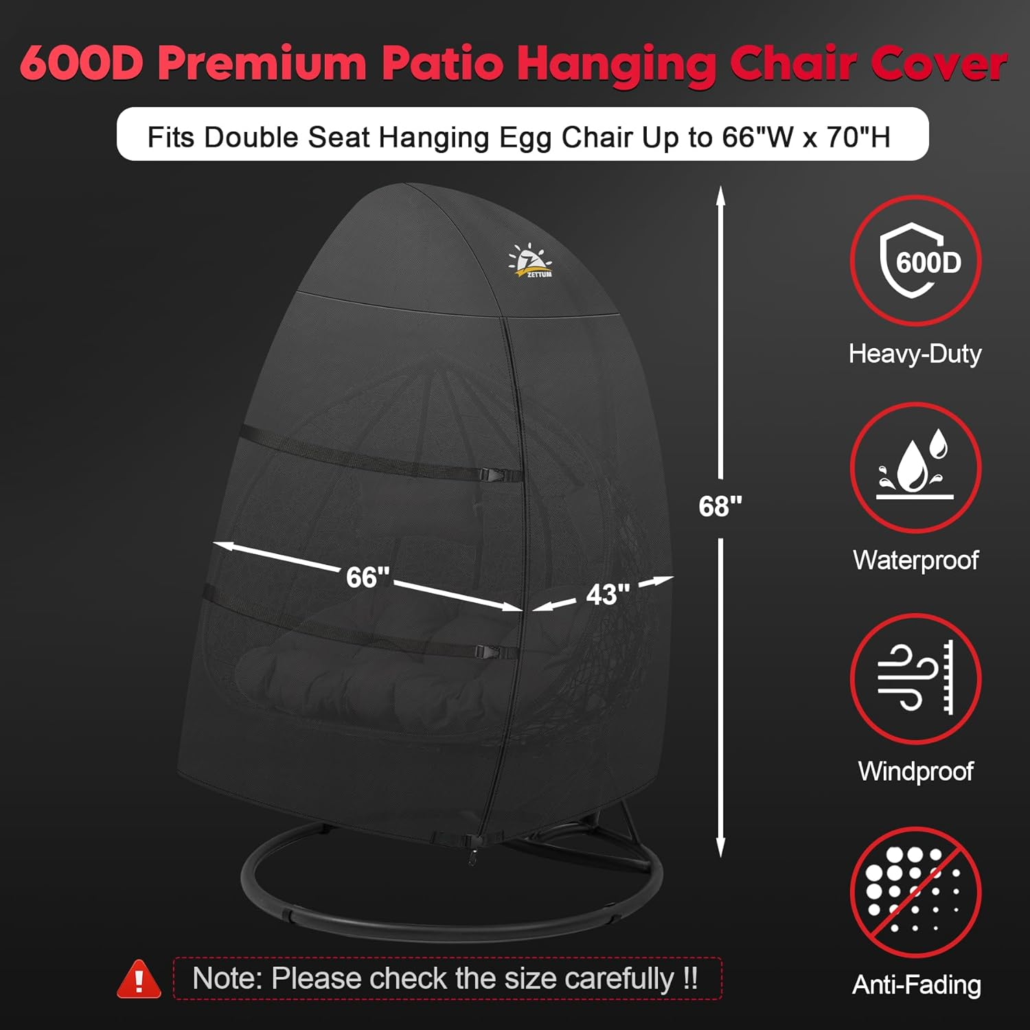 Zettum Egg Chair Cover, Double Seat Hanging Egg Chair Cover, Waterproof Outdoor Hanging Chair Cover, 600D Heavy Duty Cover for Patio Wicker Swing Egg Chair, 66 X 43 X 68 Inch image number 3