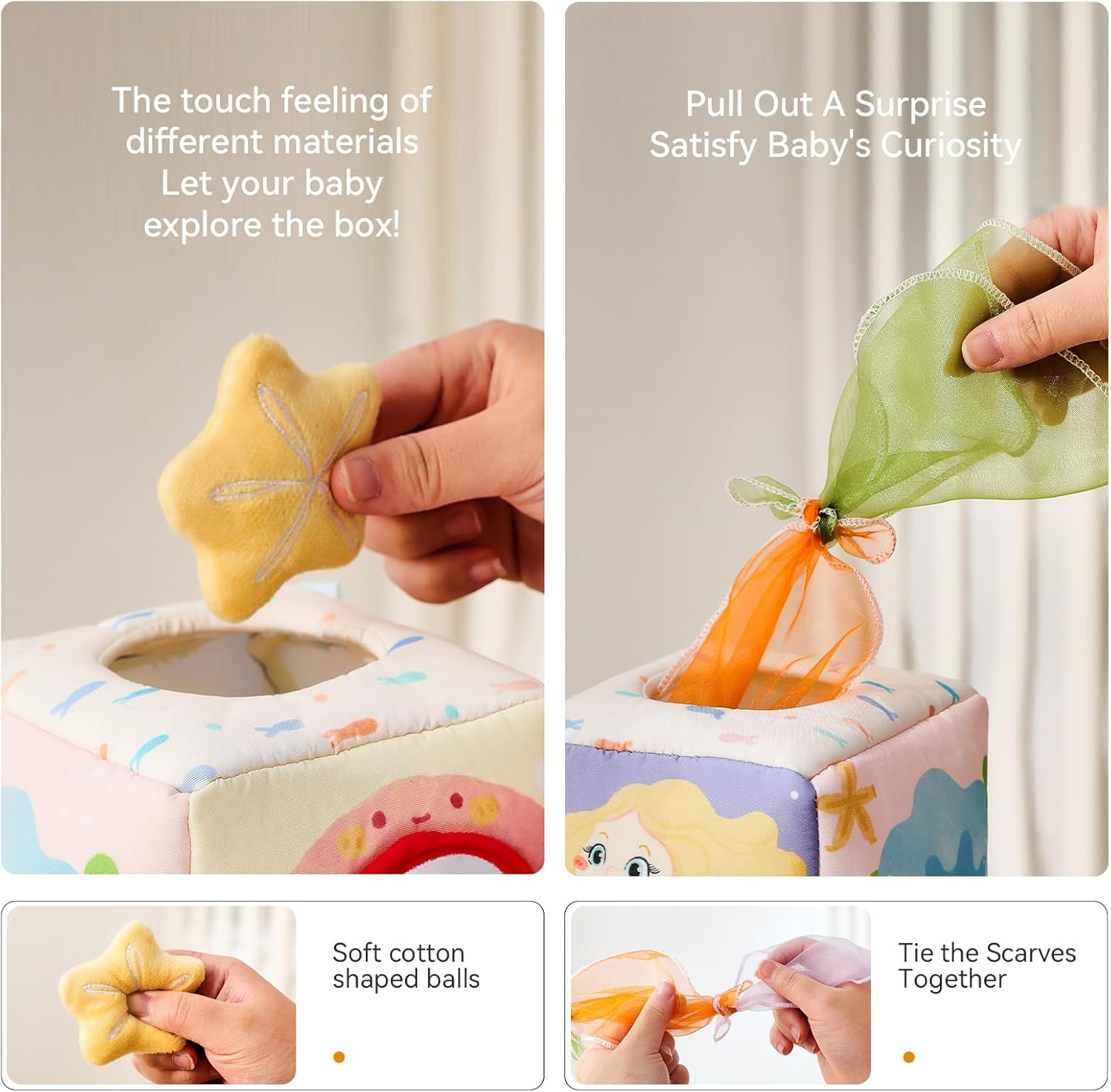 Promise Babe Baby Tissue Box Toy for Babies 6-12 Months Baby Toy - Montessori Sensory Busy Cube Toys with 3 Sensory Ball - Boy Girl Gifts for Babies 6 12 18 Months Old(Mermaid) image number 2