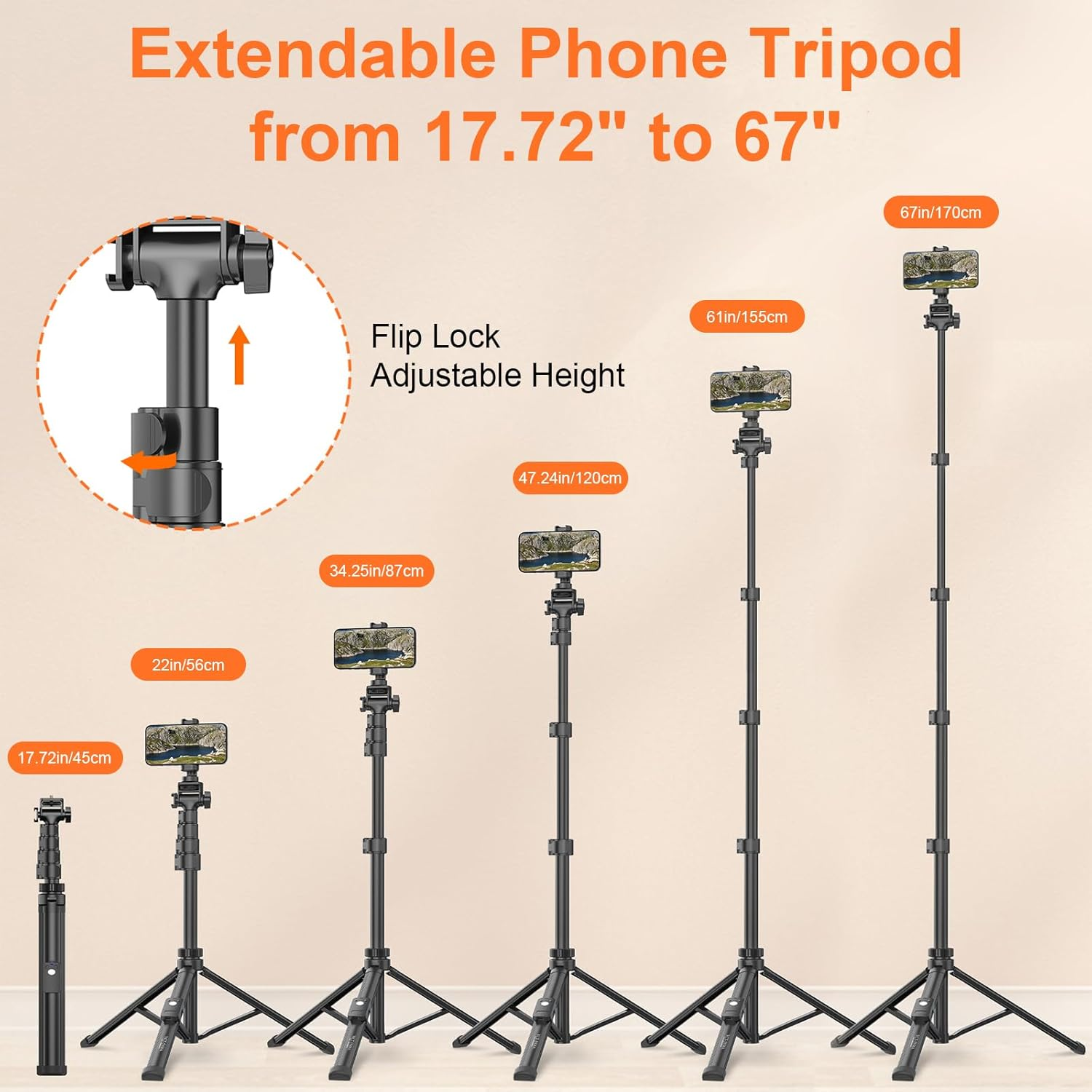 XXZU 67"/170Cm Phone Tripod,Camera Tripod Stand with Remote and Phone Holder, Premium Aluminum, Extendable, Lightweight Selfie Stick Travel Tripod for Iphone/Android Phone/Camera/Webcamera image number 1