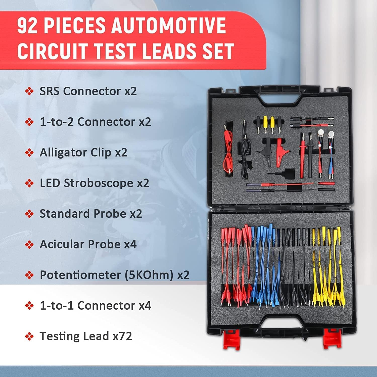 Automotive Circuit Test Leads Kit - MOTOCOCHE 92 Pieces Multimeter Test Leads Kit Multifunctional Electric Probe Test Kit Black Carrying Case Test Lead Set Cable Connectors Adapter Cables image number 4
