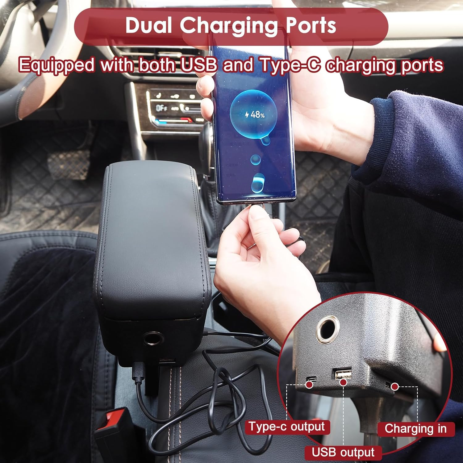 Upgrade Car Leather Armrest Expander Support Elbow Rest Pad, Universal Auto Armrest Box Gap Filler Organizer, Adjustable Height, with Cup Holder, Arm Rest Car Interior Accessories (Black) image number 1