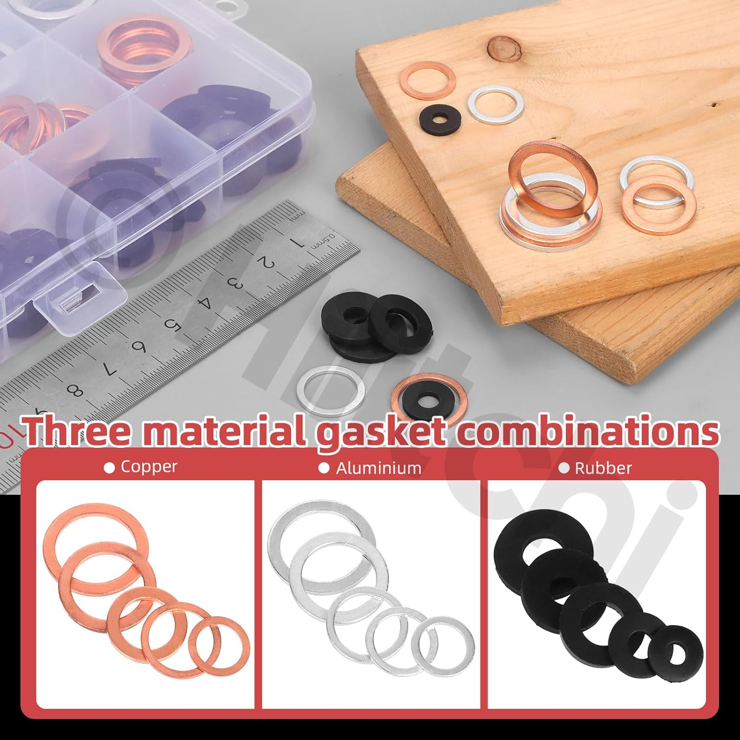 Hilitchi 150Pcs Aluminum Copper Oil Drain Plug Gasket and Black Nylon Flat Washer Assortment Kit, M10 M12 M14 M16 M18 Oil Crush Washers Sealing Washers Rubber Grommet for Car Household Appliances image number 6