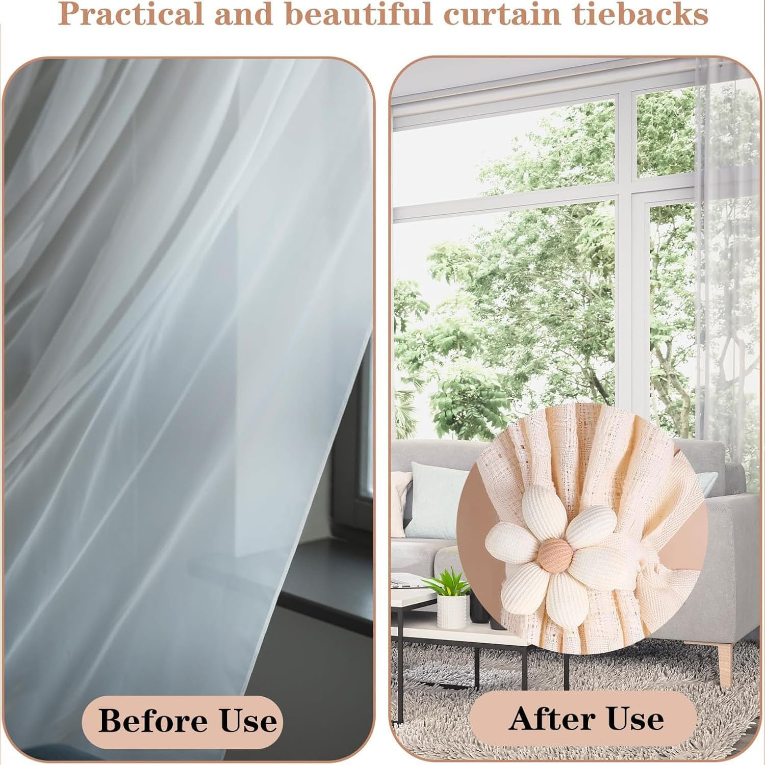 Shengsenfu 4 Pcs Boho Flower Curtain Tiebacks, Daisy Curtain Hook Set, Cute Sunflower Curtain Holders, Decorative Rope for Bedroom Draperies Decor, Cotton Holdbacks for Indoor & Outdoor Drapes Decor image number 1