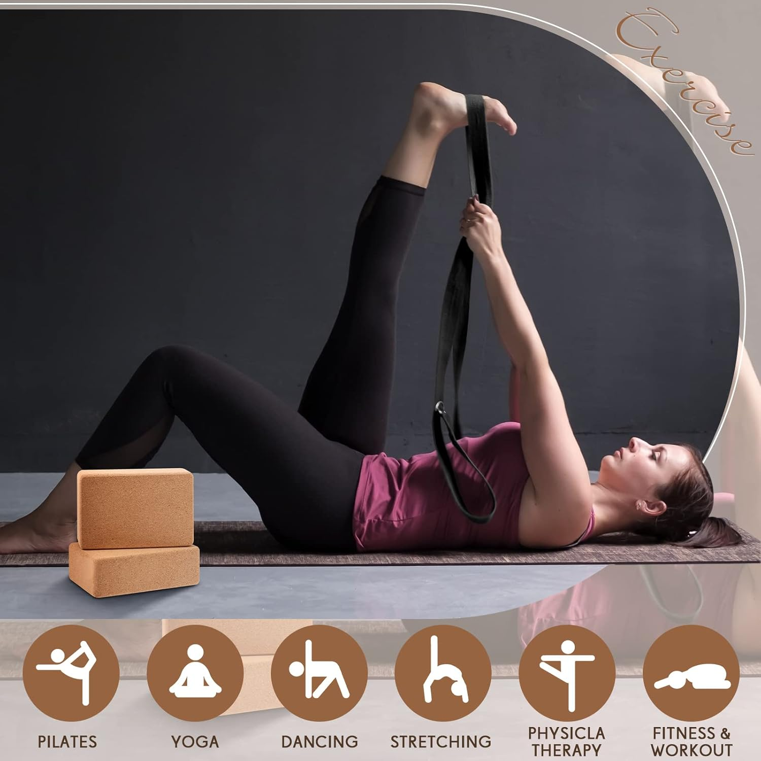 Liliful 8 Pcs Cork Yoga Block with Strap and Resistance Loop Set Yoga Cube Stretch Yoga Bricks with Strap Exercise Bands for Women Men Exercise Stretching Fitness Workout Pilates image number 3
