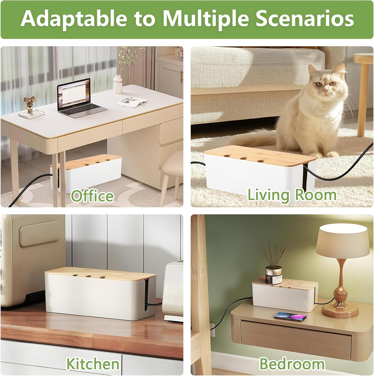 3 Pcs Cable Management Box, Cord Organizer Box with Bamboo Lid & 20 Cable Ties, Safe ABS Material, Wire Organizer for TV, Computer, Router, USB Hub and under Desk Power Strip