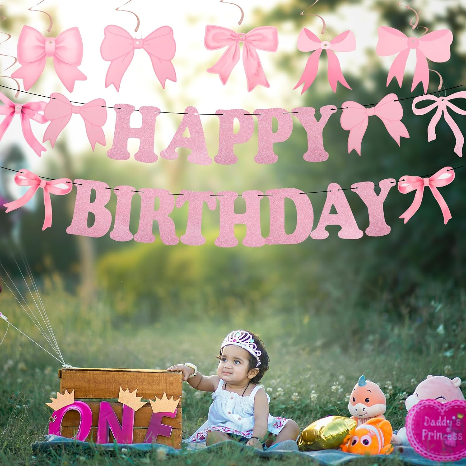 Bow Happy Birthday Banner, Pink Bow Birthday Garland Bow Birthday Banner for Women Girls Birthday Party Decoration image number 5