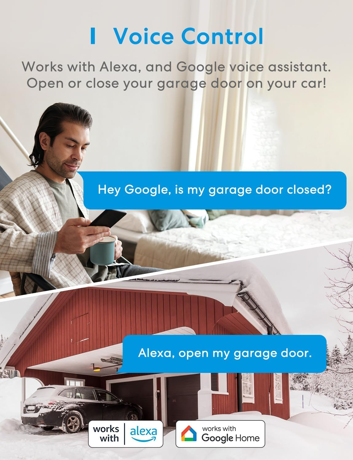 Meross Smart Wi-Fi Garage Door Opener Remote, APP Control, Compatible with Alexa, Google Assistant, No Hub Needed