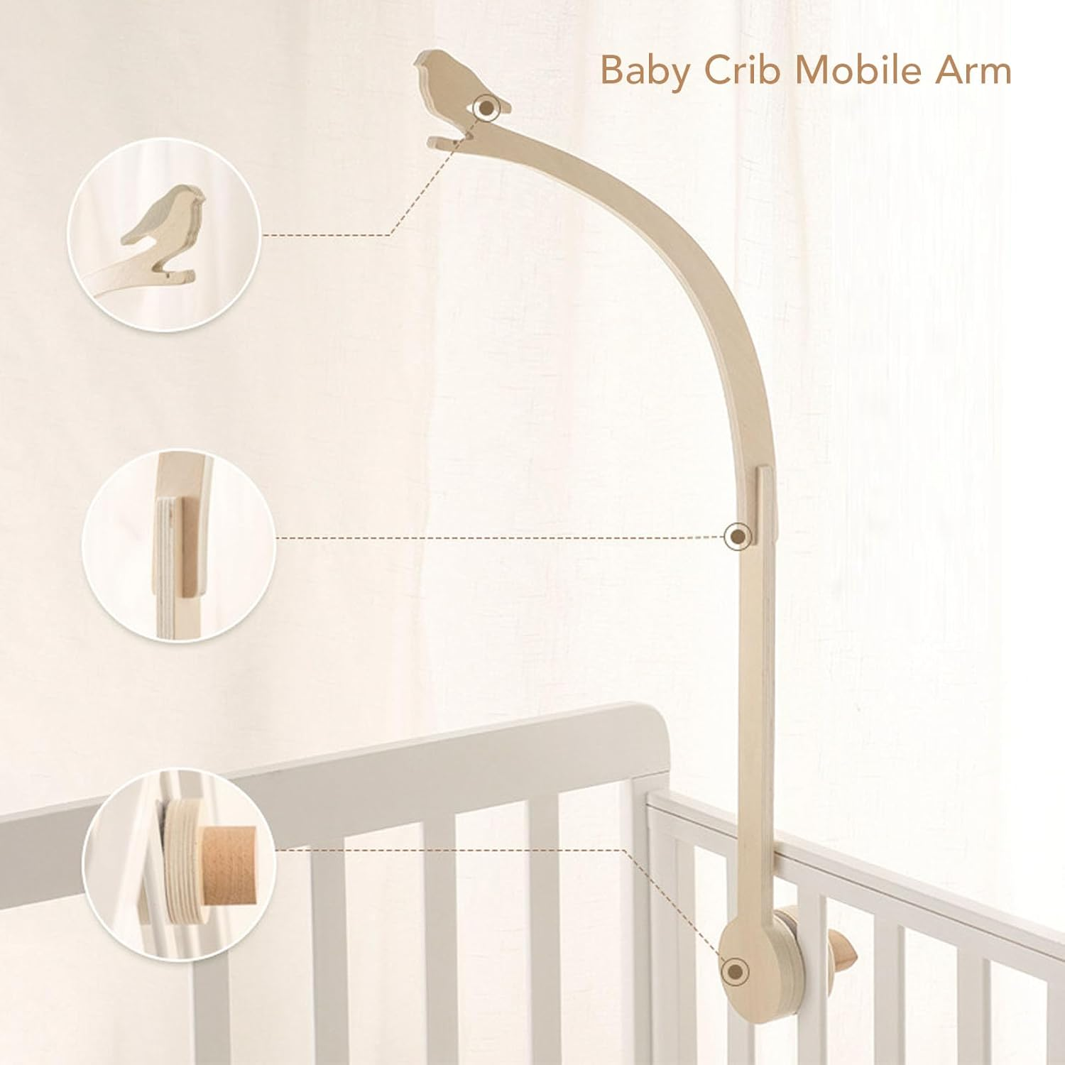Baby Crib Mobile Arm, Beech Wood Baby Crib Mobile Arm Holder No Tool Assembly Bracket with Secure Gripping Design for Nursery image number 5