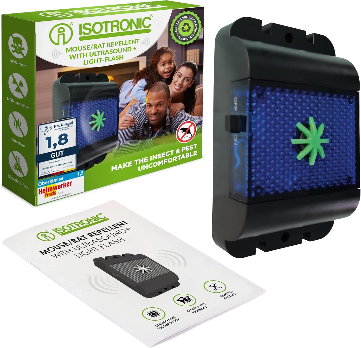 ISOTRONIC Battery Operated Rodent Repeller against Mice, Rats, Martens, Dormice, Raccoons & Foxes - Gentle Wildlife Repellent with Ultrasonic Waves & Blue LED Light (1) image number 1