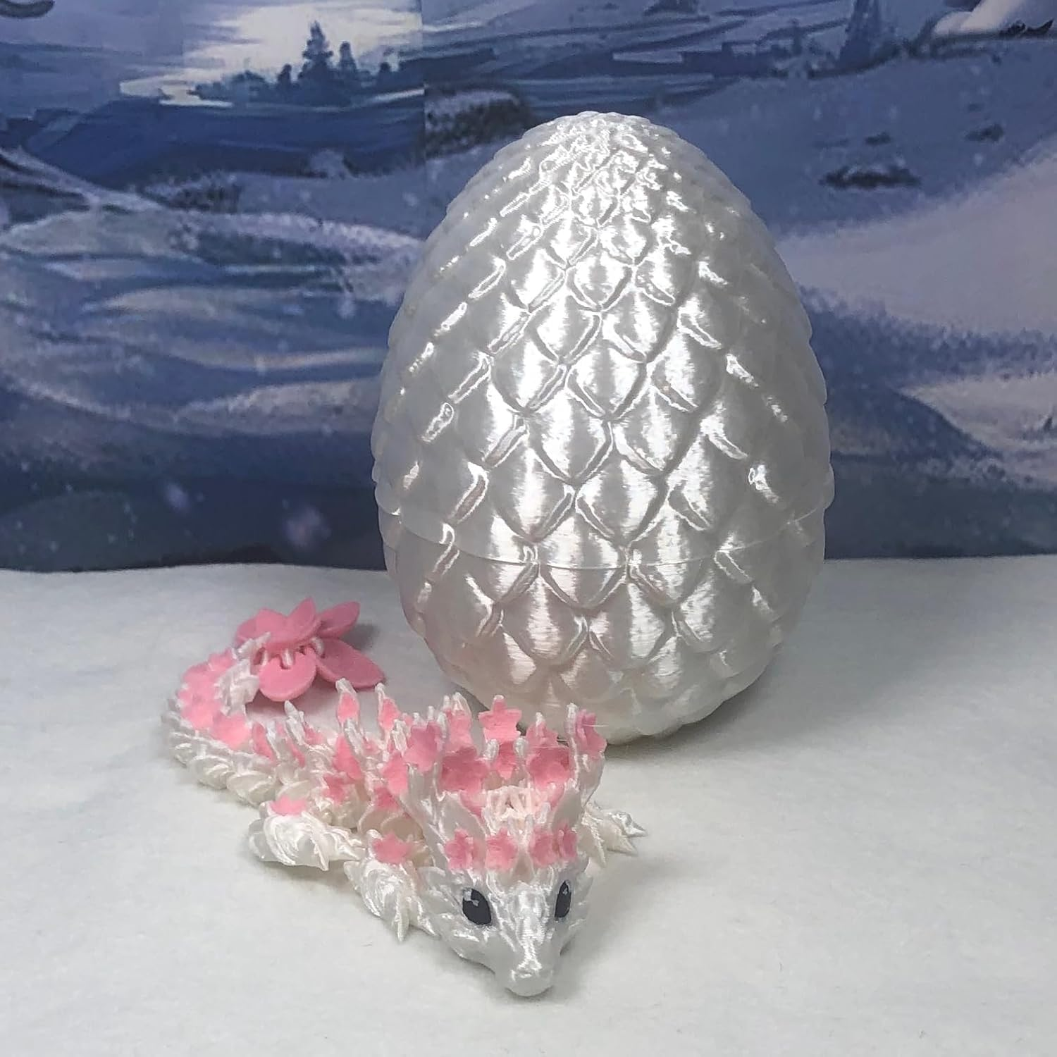 Generic 3D Printed Baby Dragon with Dragon Egg, Articulated Baby Dragon, 6"" Pink and White Cherry Blossom Baby Dragon, Fidget ADHD Autism Sensory Toy MBD04-WT image number 1