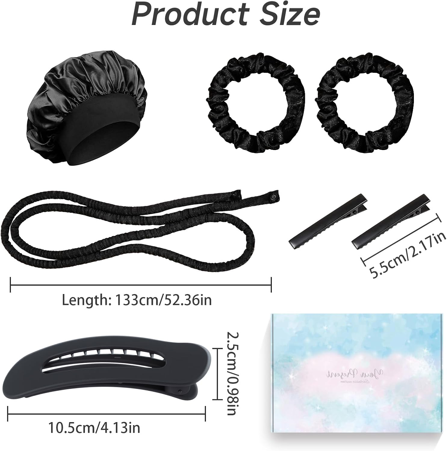 Heatless Curls Band, Heat-Free Curlers Black, Heatless Curling Rods Headband, with Silk Hood and Hairpin, Curls Headband for Long Hair, Short Hair, Black