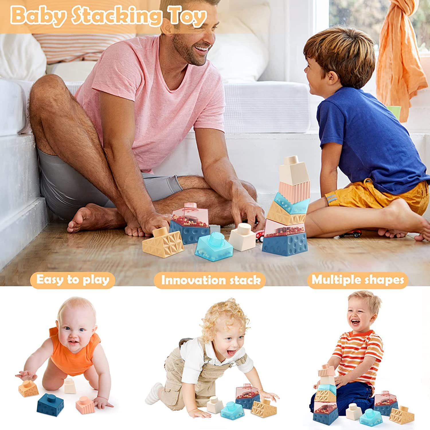 Cube Baby Stacking Toys Stacking Blocks Montessori Toys with Rattle Multi Color Stacking Rings Sensory Toys for Toddlers, 6PCS Stacking Tower Learning Education Boys and Girls