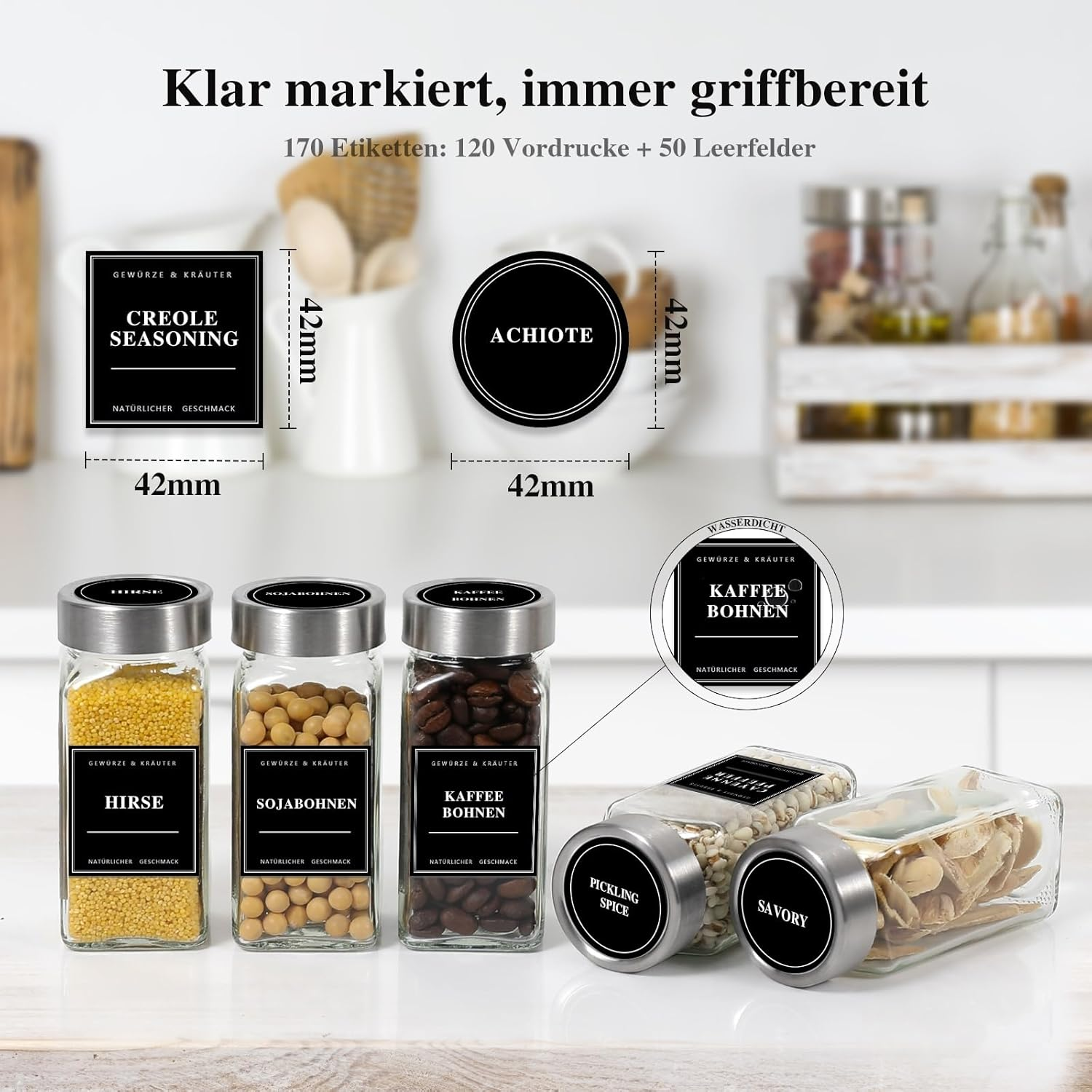 Coolnovel&reg; Spice Jars Set of 24 [120 Ml, Square & Airtight] with Stainless Steel Lids, Labels and Shaker Inserts - Glass Spice Jars Including Funnel & Cleaning Brush - Spice Storage, Spice Jars image number 4