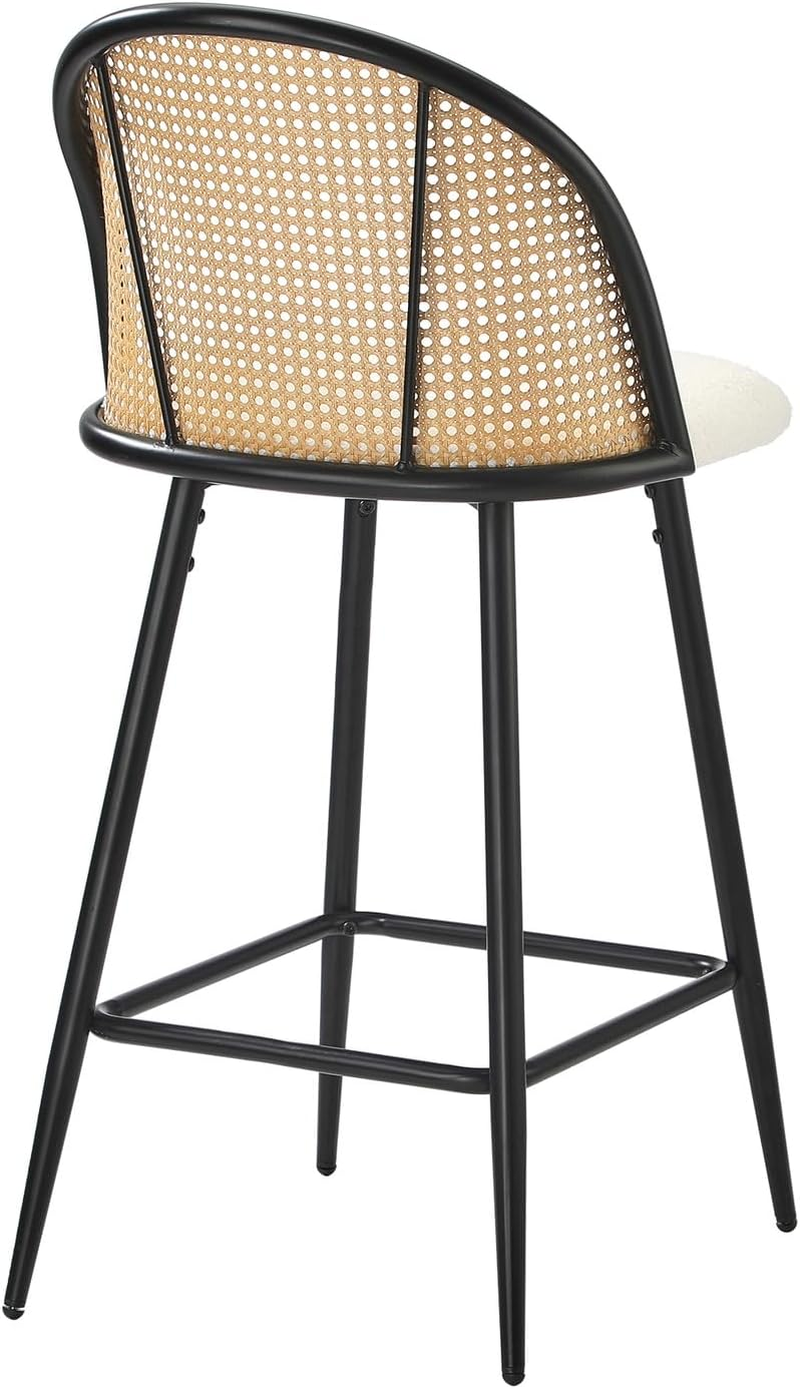 Oikiture Bar Stools Set of 2 Boucle Fabric Bar Stools with PU Rattan Backrest Counter Kitchen Chairs Dining Chair, White image number 7