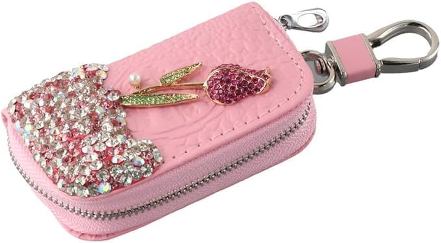 PU Leather Car Key Case Holder Bling Rhinestone Flower Car Key Chain Bag Auto Key Case Car Key Fob Cover Case Zipper Bag. image number 2