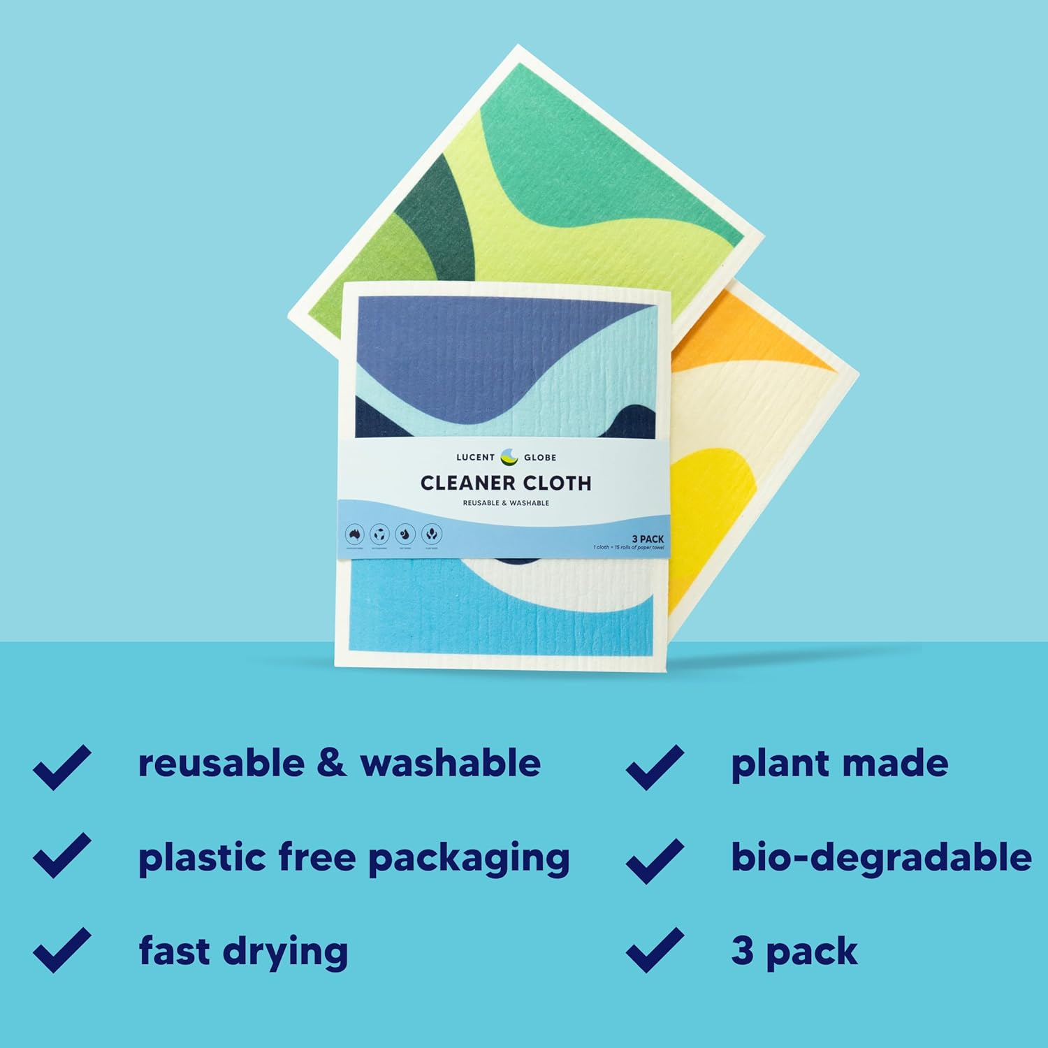 Lucent Globe Swedish Dishcloths for Kitchen (3-Pack) &ndash; Reusable, Eco-Friendly Sponge Cloths Replace 15 Paper Towel Rolls &ndash; Plant-Based, Machine Washable, Super Absorbent & Compostable Cleaning Cloths image number 3