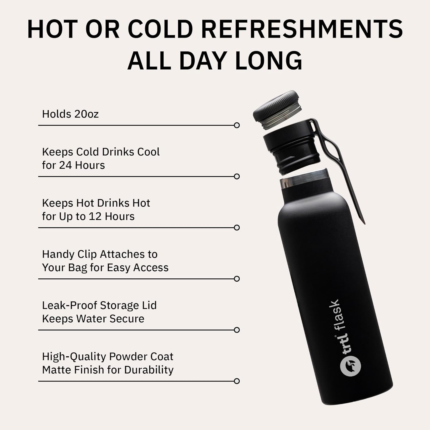 Trtl Travel Water Bottle Flask- Insulated Water Bottle That Keeps Drinks Cool for up to 24 Hours - Secure, Leak-Proof Lid image number 5