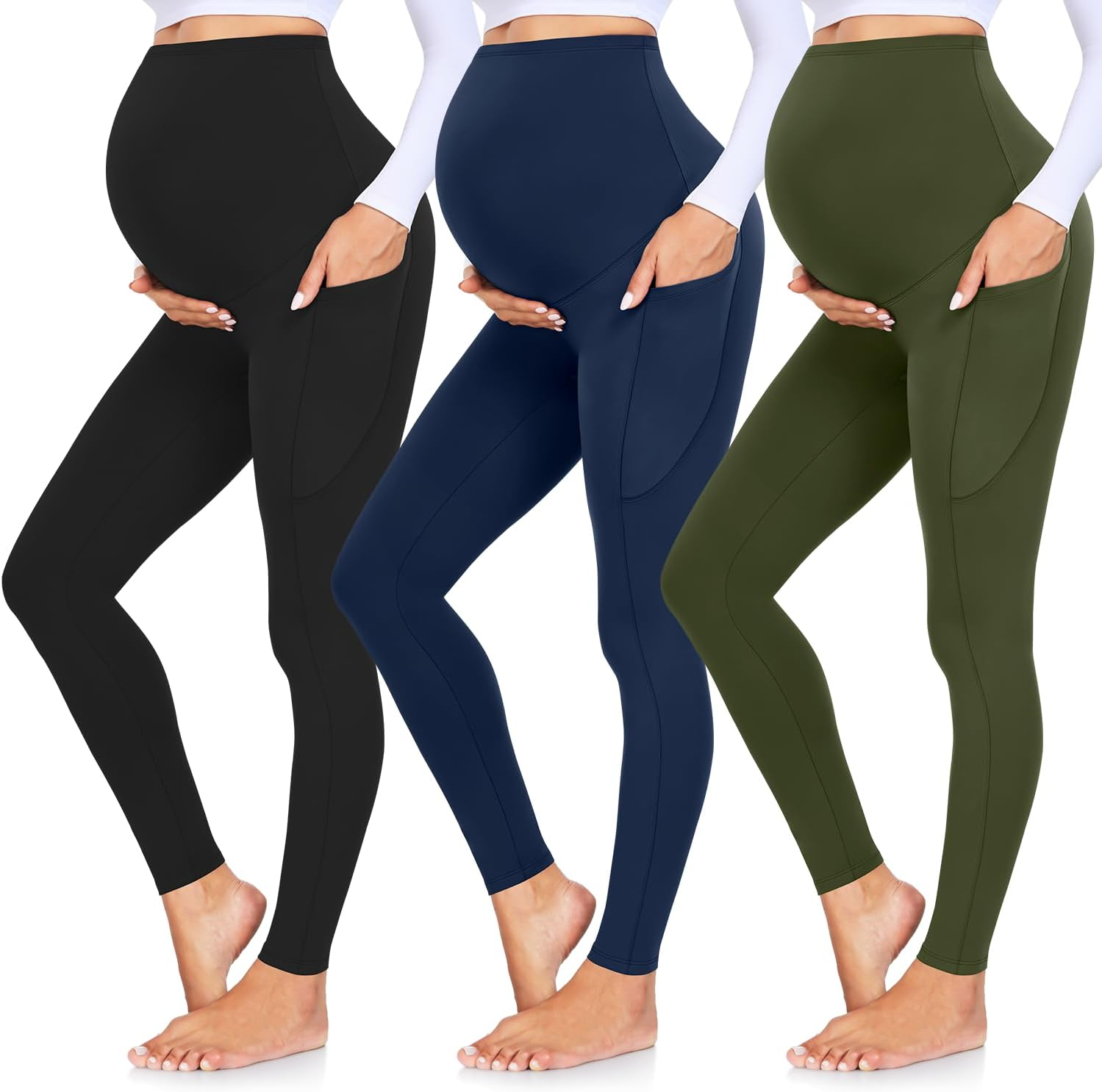 GROTEEN 3 Pack Women'S Maternity Leggings over the Belly with Pockets Super Soft Workout Pregnancy Yoga Pants image number 5