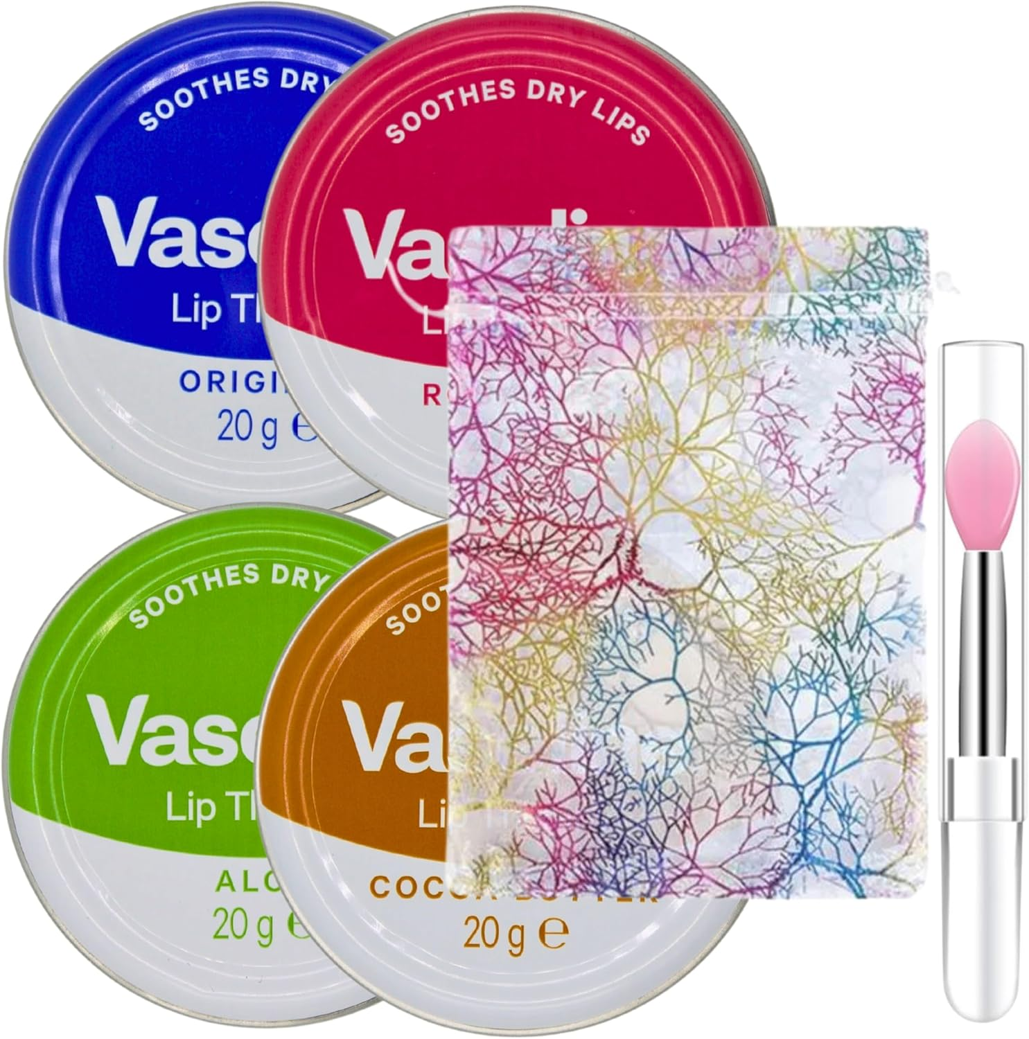 Lip Balm Set - Bundle with 4X20G Lip Balms (Rosy Lips, Cocoa Butter, Original, Aloe) and Glameno Silicone Applicator Brush in Glameno Drawstring Organza Bag image number 6