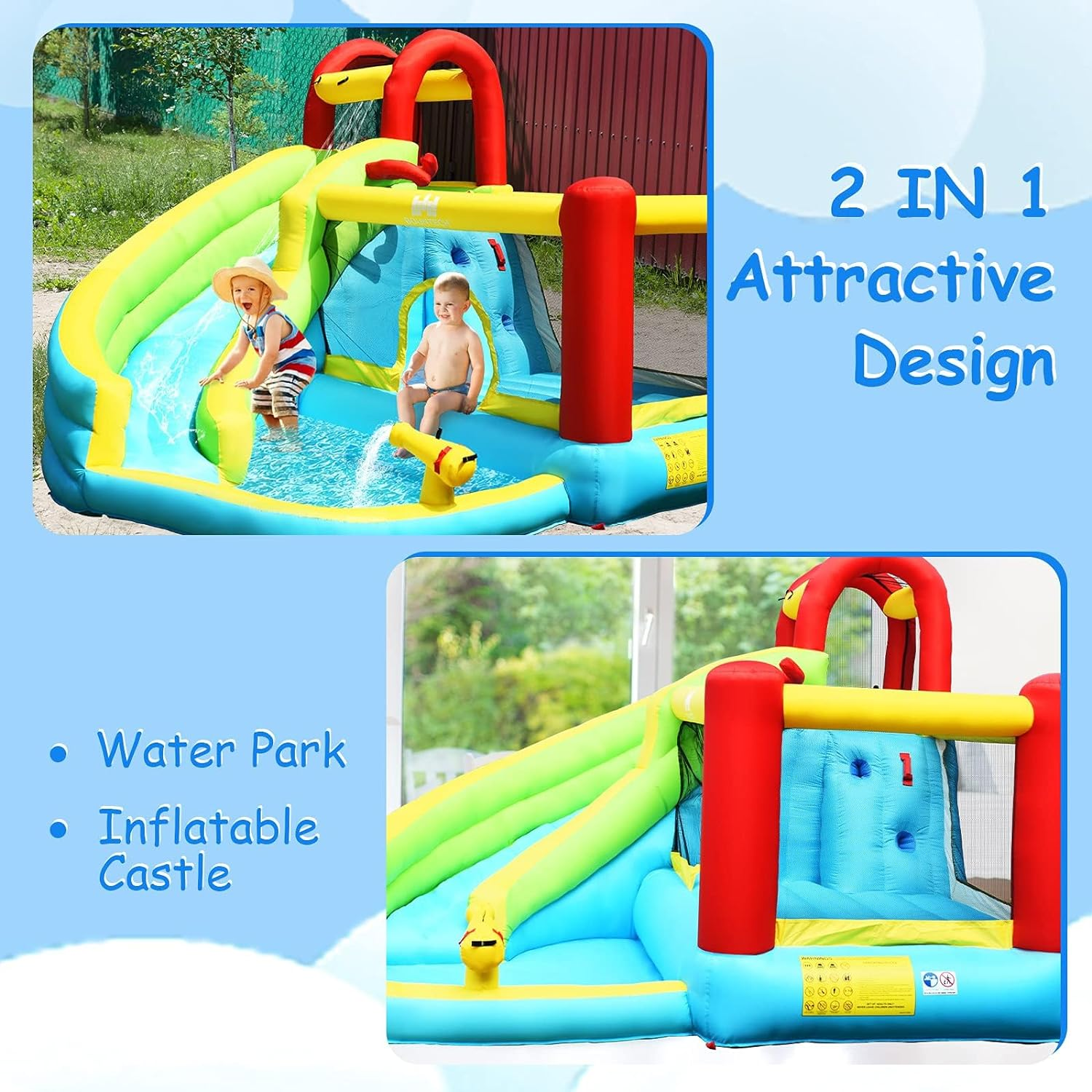 HONEY JOY 6 in 1 Inflatable Water Slide Water Park, Kids Jumping Castle Splash Pool W/Climbing Wall, Water Cannon, Basketball Hoop, Inflatable Bounce House Outdoor for Children (Without Blower) image number 4