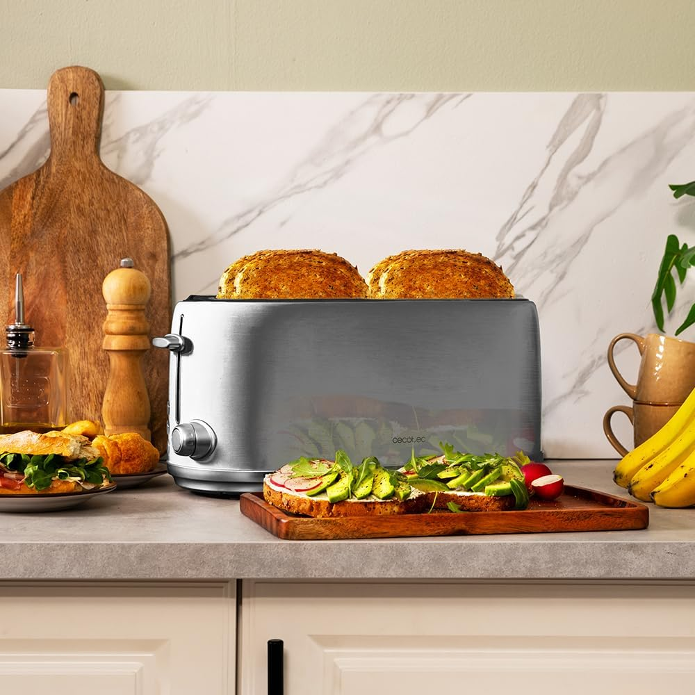Cecotec Toaster 4 Slices Toast & Button 1600 Retro Double Inox, 1630 W, 2 Wide and Long Slots of 3.8 Cm, Stainless Steel, Top Racks, Adjustable Power, Crumb Drawer image number 2
