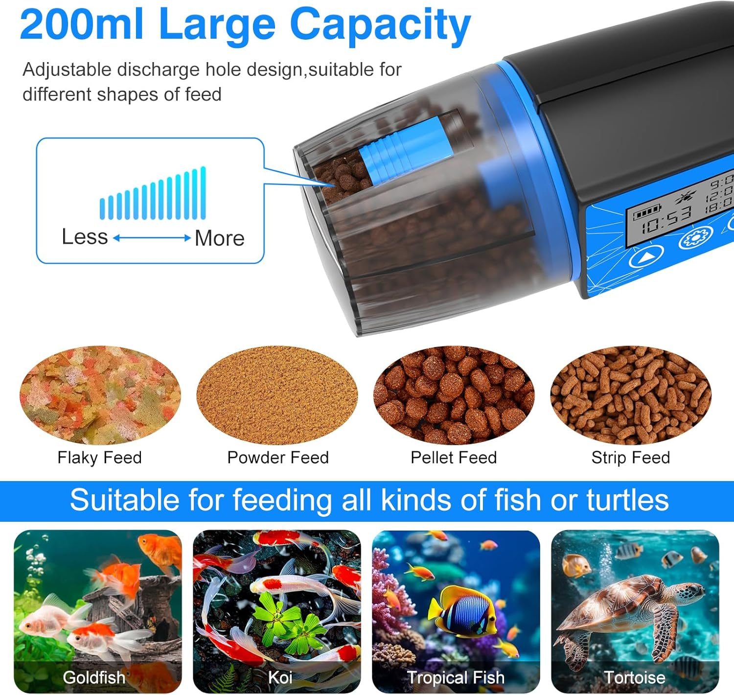 Automatic Fish Feeder, Beedove Fish Feeder with Timer, Moisture-Proof Fish Food Dispenser with LCD Display, Large Capacity Auto Fish Feeder Turtle Feeder for Small Tank, Big Aquariums, Pond (Blue) image number 2