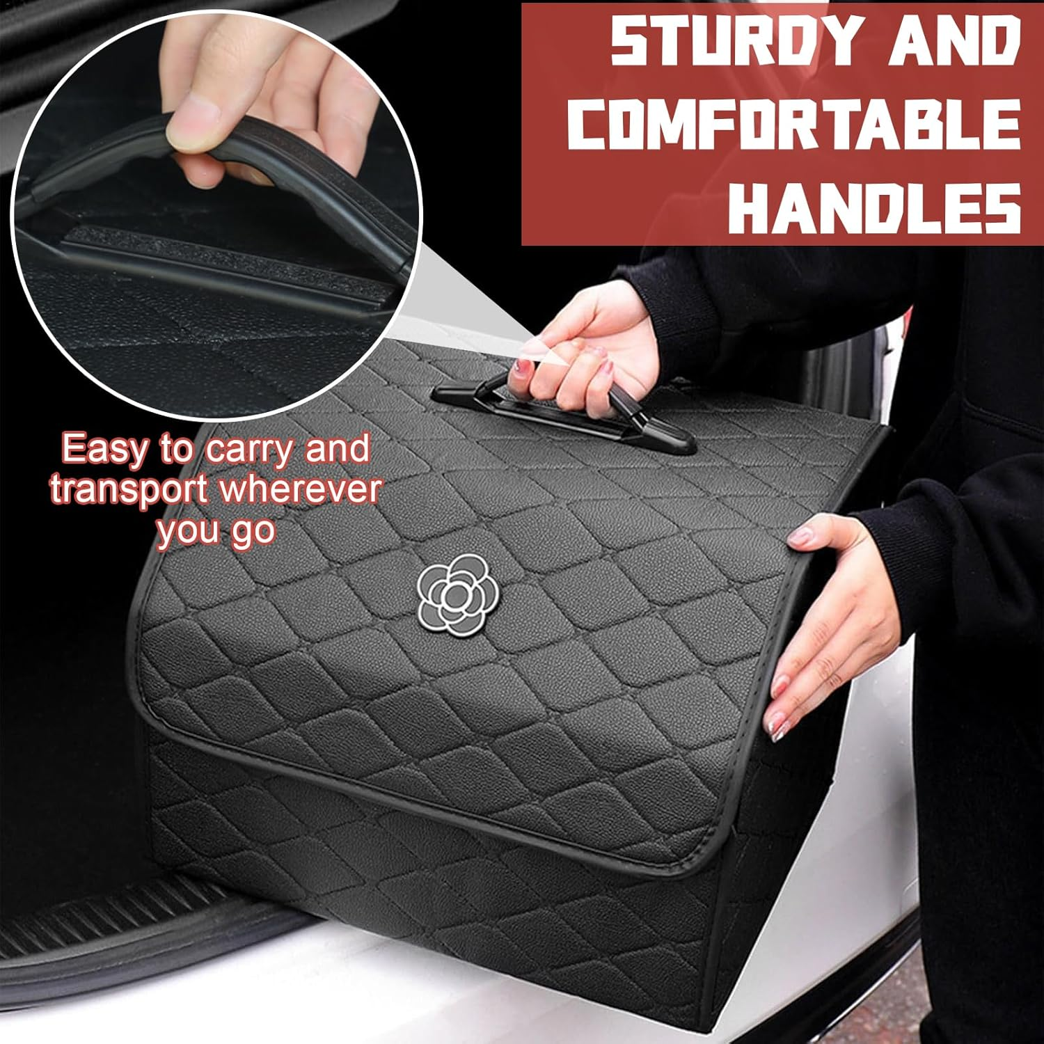 Car Trunk Organizer with Handle, Leather Multipurpose Car Cargo Boot Organiser, Collapsible Storage Box for Suvs & Sedans, Car Boot Tidy Organization for Car Accessories (Black-M) - Black-S image number 5