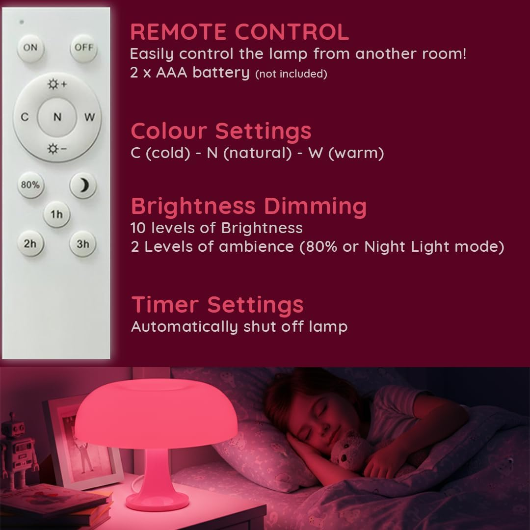 Funky LED Lamp (Pink) | Cute Girls Night Light | Timer Function | Remote Controlled | USB Powered Desk Lamp | Vibrant Decor Lighting | Relaxing Bedside Lamp | Mood Lighting | Clean Design