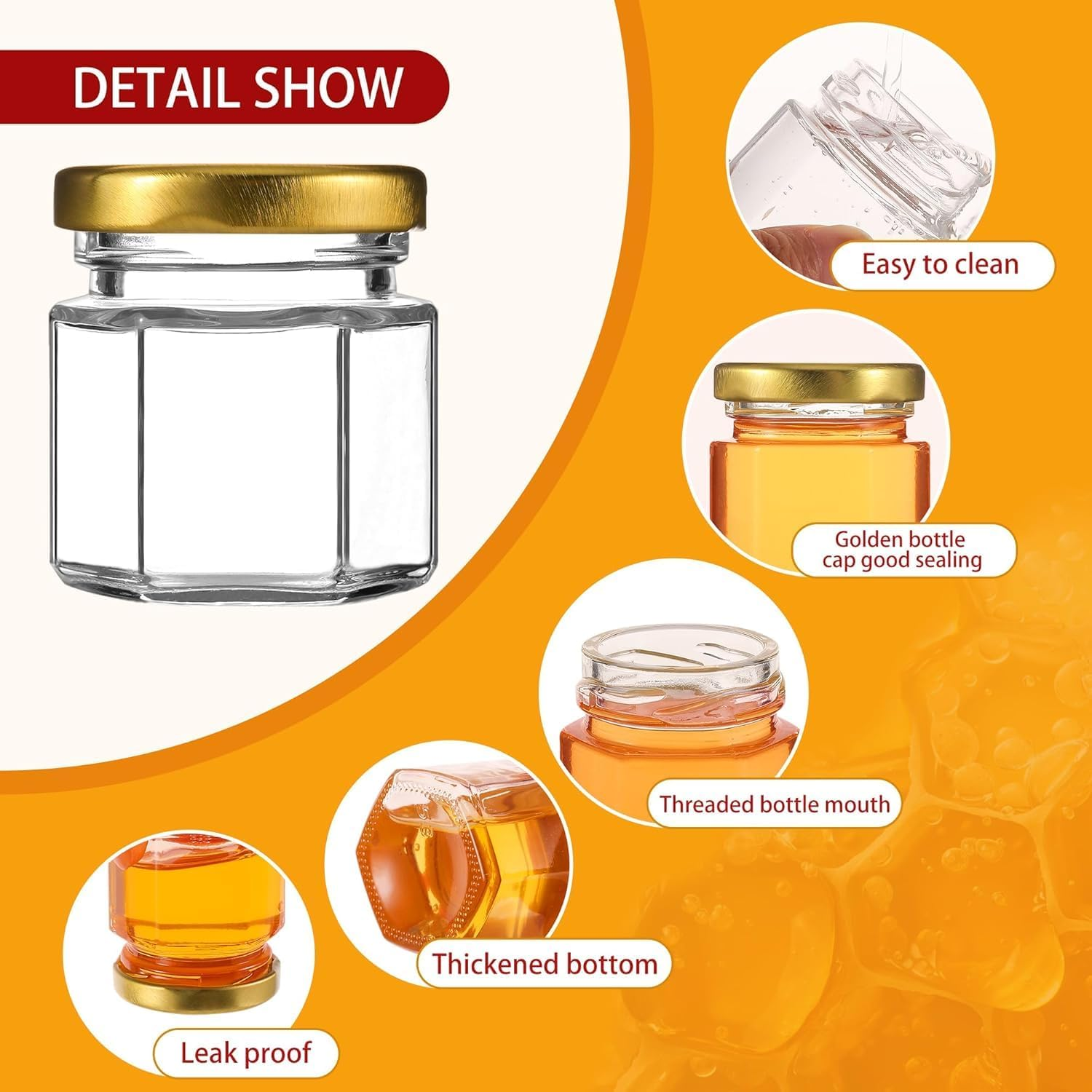 Mini Glass Honey Jars, 60 Pack 1.5 Oz Honey Jars, Hexagon Honey Container with Lid for Baby Shower Wedding Birthday Party Favors image number 4