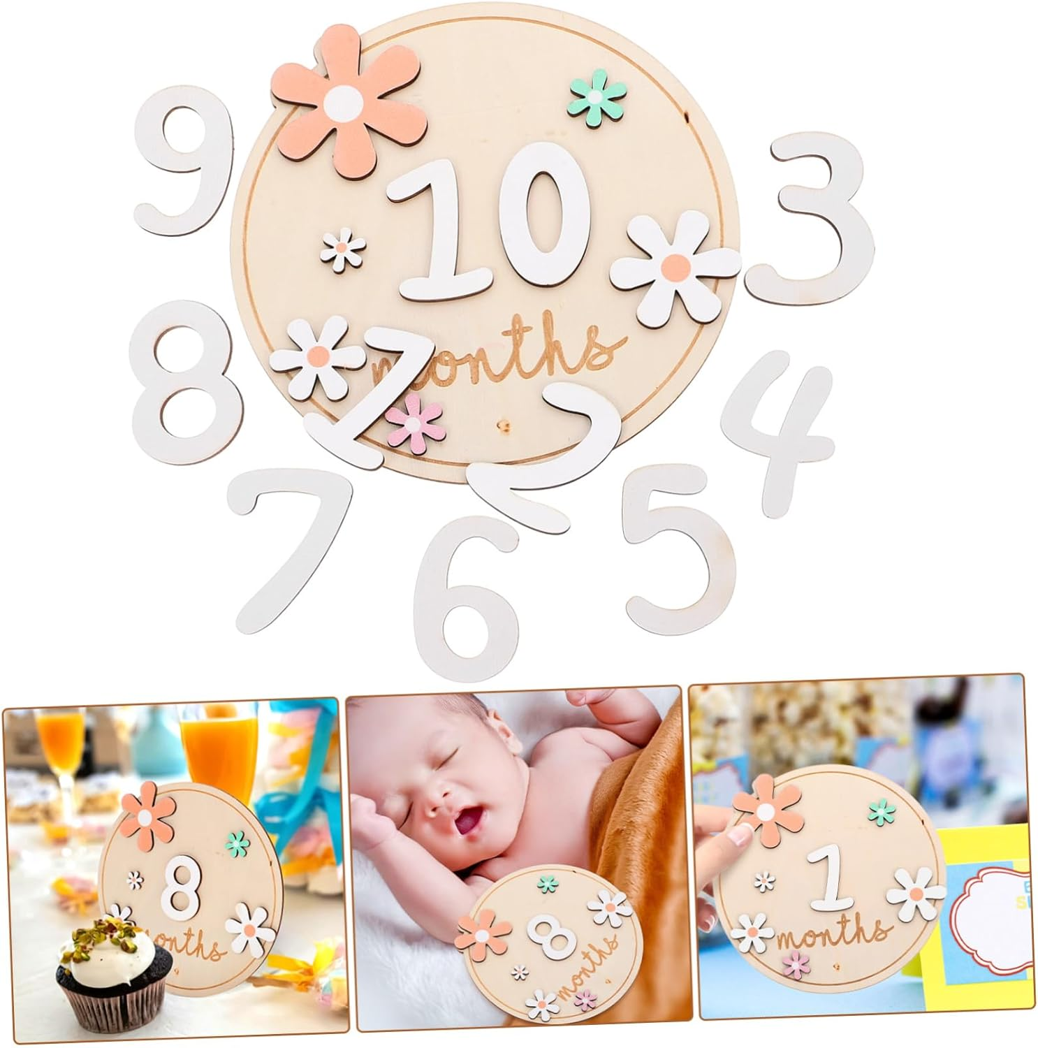 Healifty Baby Monthly Milestone Cards Double-Sided Flower Pattern Wooden Milestone Signs 1 Set for Newborn Photo Props Nursery Decor Growth Announcement Sign image number 6