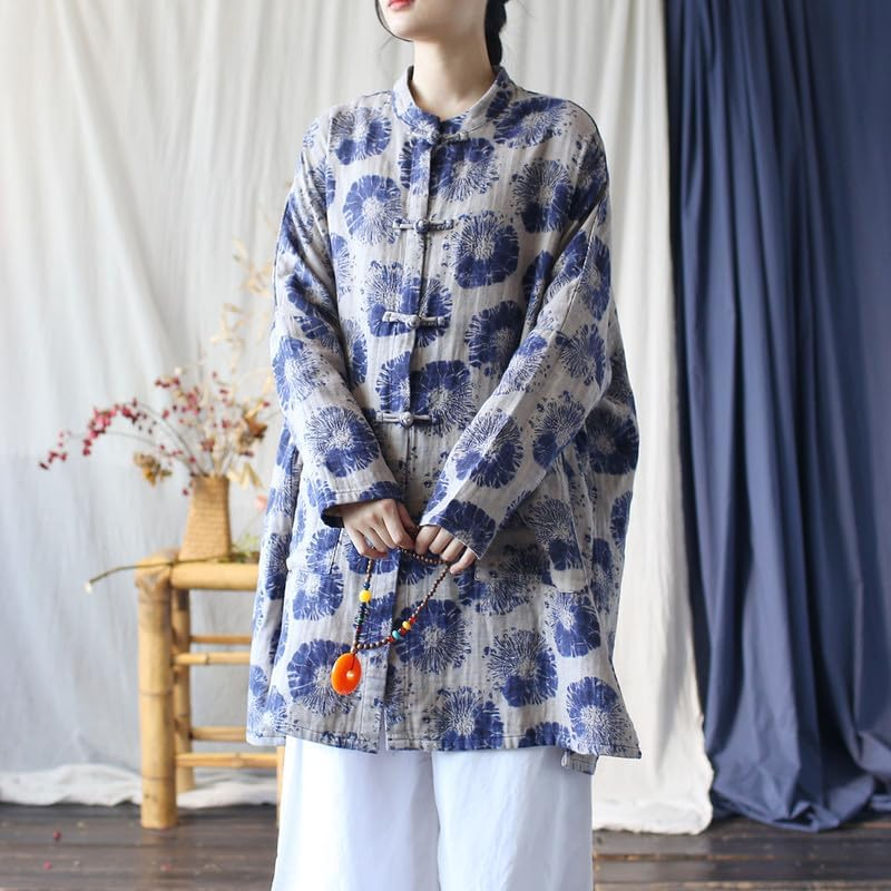 Women'S Vintage Chinese Style Cotton Linen Jacket Long Sleeve Frog Button Coat Loose Fit Tops Blue image number 6