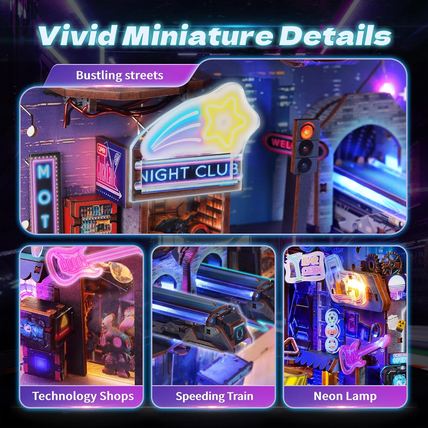 3D Wood Puzzle Book Nook Kit, Futuristic Miniature Bookshelf Insert with LED Lights, DIY Cyberpunk Bookend D&eacute;cor for Display, Unique Craft for Adults and Teens (Endless Dimensions) image number 1