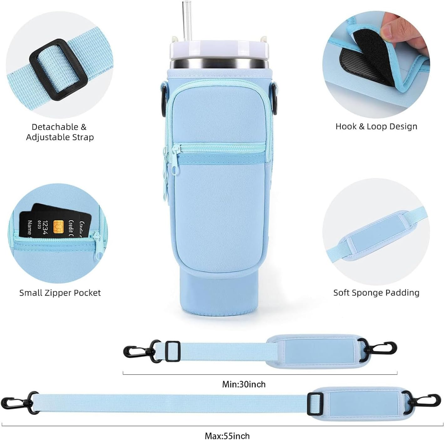 Water Bottle Carrier Bag for Stanley 40Oz Tumbler with Handle, Water Bottle Holder with Adjustable Shoulder Strap for Stanley Cup Accessories for Travelling Hiking Camping - Black image number 5