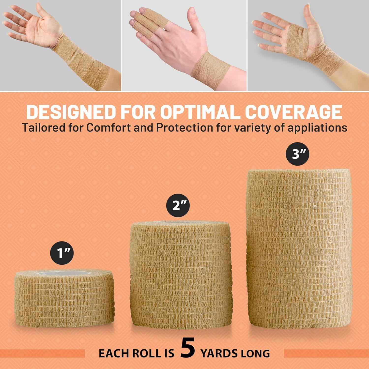 6 Pack, Self Adherent Cohesive Tape - 1" 2" 3" X 5 Yards Combo Pack, (Light Tan Shade) Self Adhesive Bandage Rolls & Sports Athletic Wrap for Ankle, Wrist, Sprains and Swelling - FDA Approved image number 2