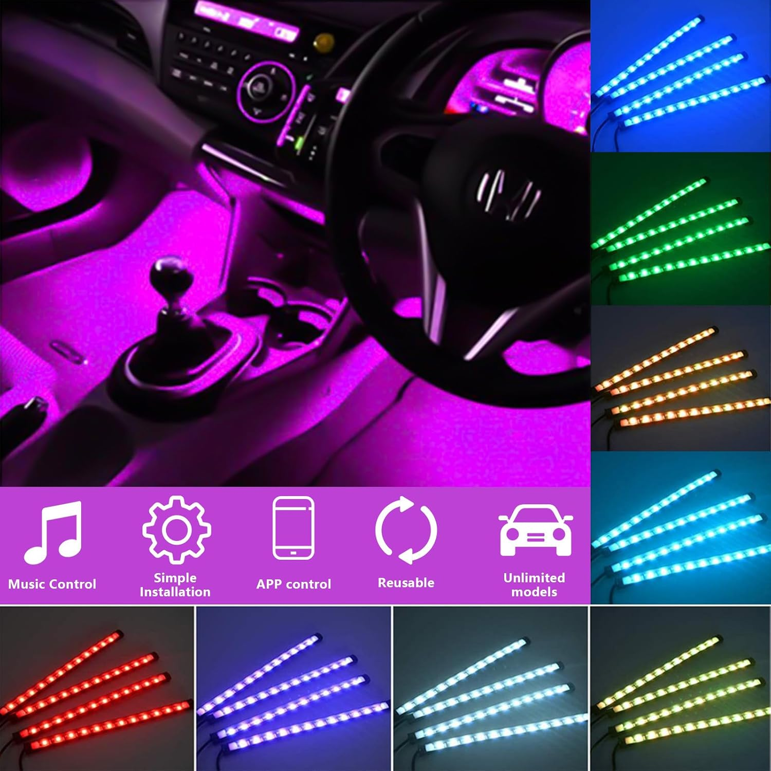 Car LED Lights Interior with Smart APP Control, 48 LED 12V Multicolor Music Car Interior Lights，With USB Port Light with Ambient Light，For Truck, SUV, Sedan image number 1