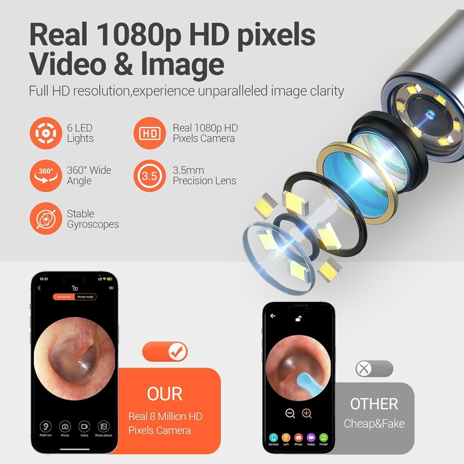 Ear Wax Removal Tool,Qimic Ear Cleaner with Camera,1080P Ear Wax Removal Camera with 6 LED Lights, Ear Camera with 6 Silicon Ear Spoon and Ear Pick Set,Wifi Otoscope for Ios & Android (Black)