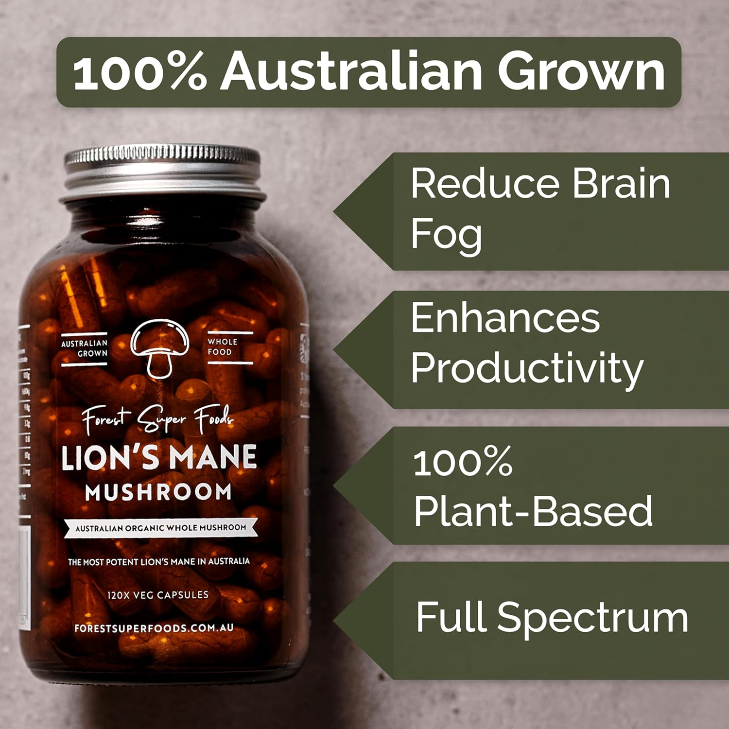 Forest Super Foods Australian Grown Lions Mane Medicinal Mushroom Capsules | Whole Food | Full Spectrum | Freeze Dried | 120X Capsules image number 4