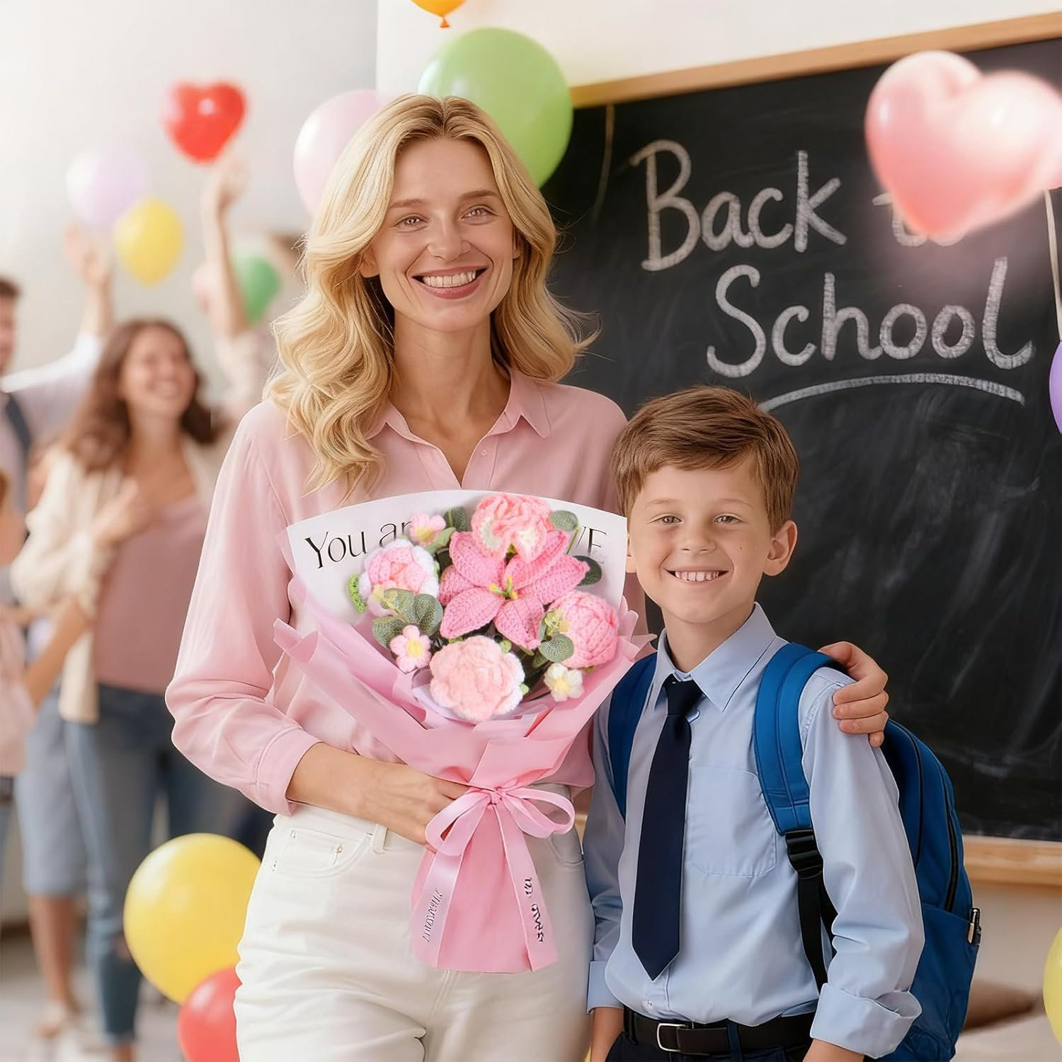 Crochet Flowers Bouquet - Hand Knitted Rose Crochet Flower Bouquet for Home Decor, Weddings, Birthdays, Mother'S Day - Includes Gift Bag and Greeting Card, Faux Crochet Flower image number 3