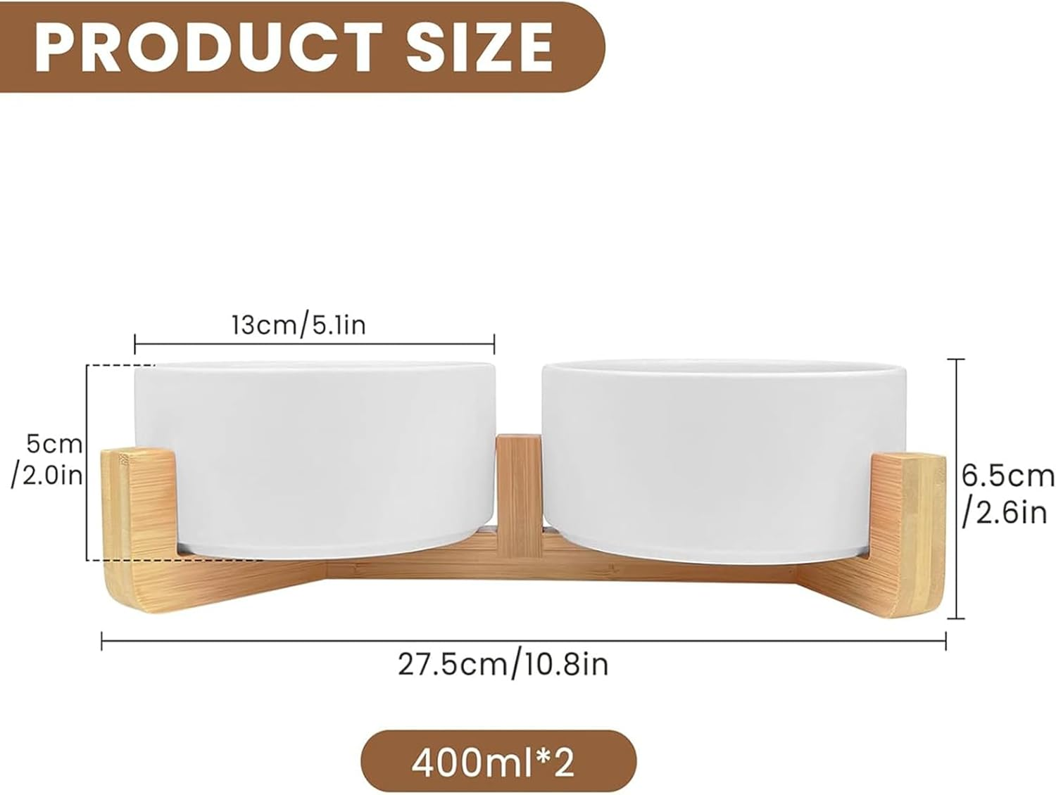 Ceramic Cat Bowl,Small Dog Food Bowl,With Wood Stand Non-Slip,Double White Bowls,Ceramic Bowl for Food and Water (800Ml/27Oz) image number 2