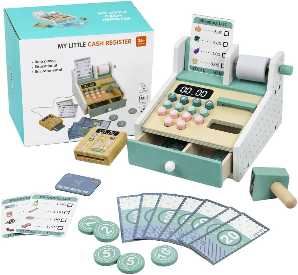 Wooden Cash Register Toy for Kids, Pretend Play Set with Scanner, Card Reader, Play Money & Shopping Lists, Ideal for Birthdays & Festivals, for Boys & Girls Ages 3+ image number 5