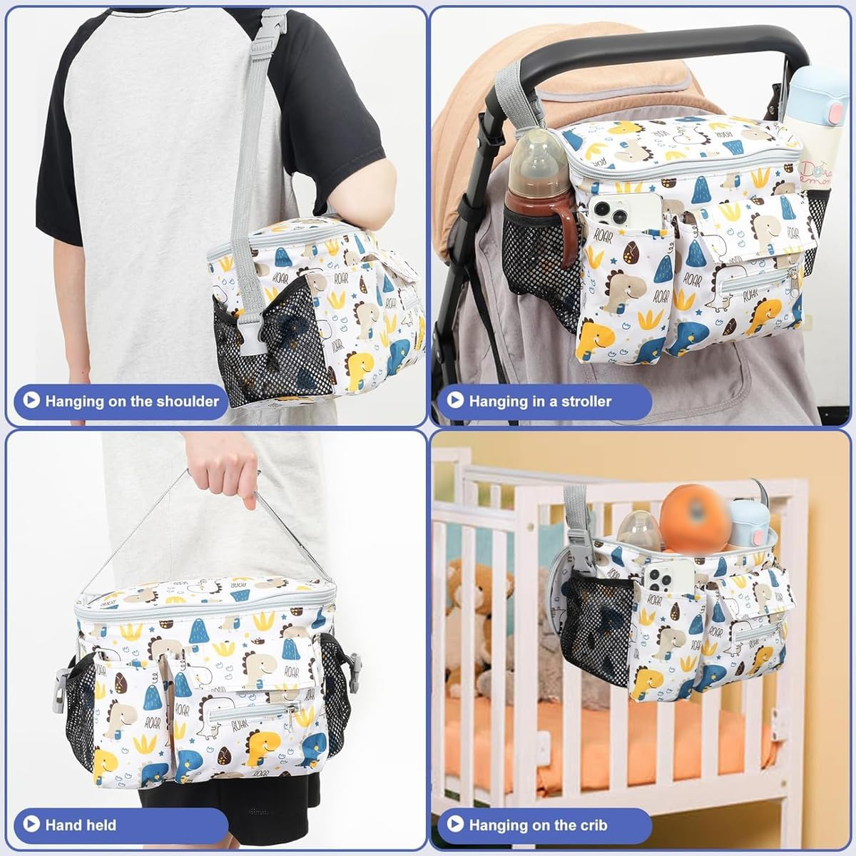 AIMALL Baby Stroller Hanging Organiser Bag, 12.2X7.8X5.9In Waterproof Multi-Pocket Diaper Storage with Tissue Dispenser, Universal Fit for Prams & Buggies image number 5
