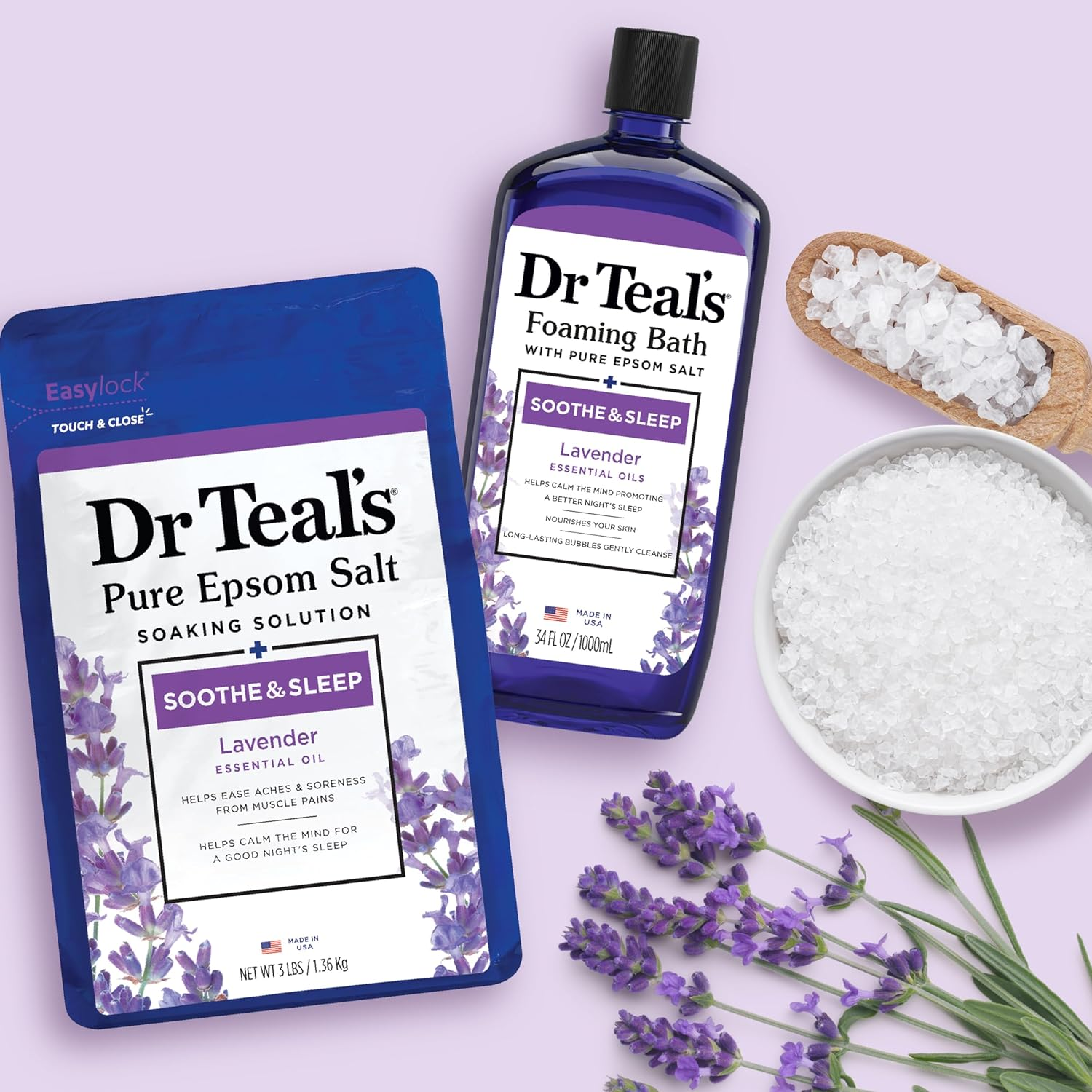 Dr Teal'S Epsom Salt Magnesium Soak and Foaming Bath, Soothe & Sleep with Lavender Essential Oils, Duo Pack image number 1