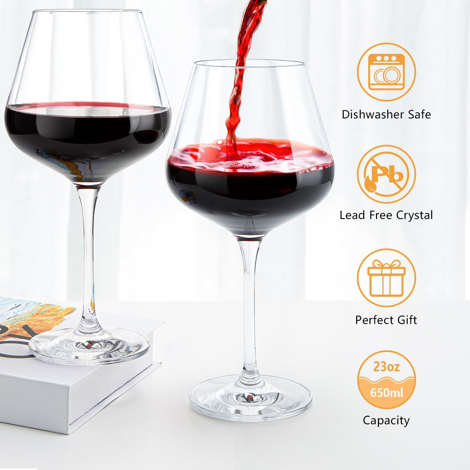 Swanfort Red Wine Glasses Set of 4, Extra Large Stemmed Wine Glasses 23 Oz, with Creative 2 in 1 Wine Stopper and Pourer, Burgundy Wine Glasses in Gift Box for Any Occasions&hellip; image number 3