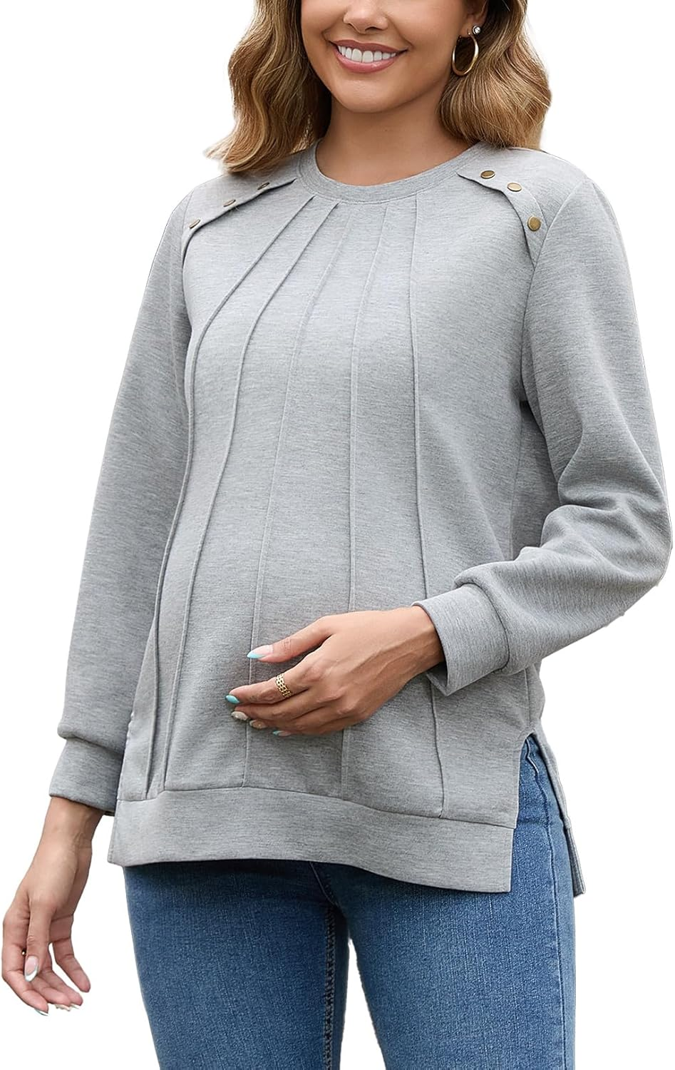 DEBELLY Maternity Sweatshirt Long Sleeve Button Side Split Fall Pregnancy Tops in Front Pleated for Women