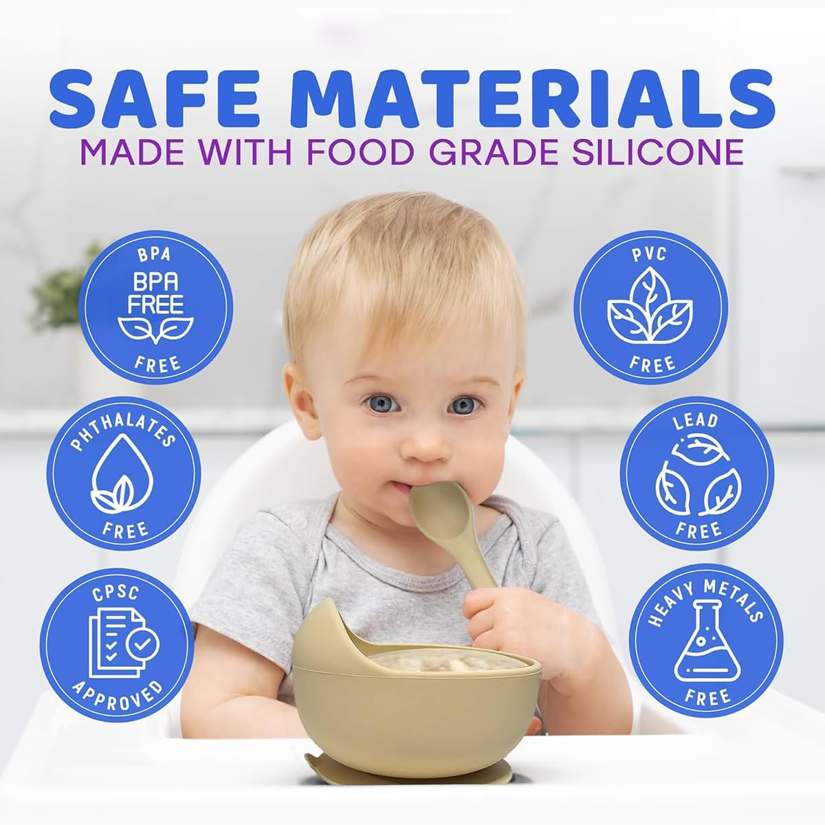 Silicone Baby Feeding Set -Practical 5 Pcs,Baby Led Weaning Supplies,Toddler Eating Spoons Suction Bowl Divided Plate Bib,First Stage Solid Food Eating Utensils - 6+ Months (Off-White) image number 2