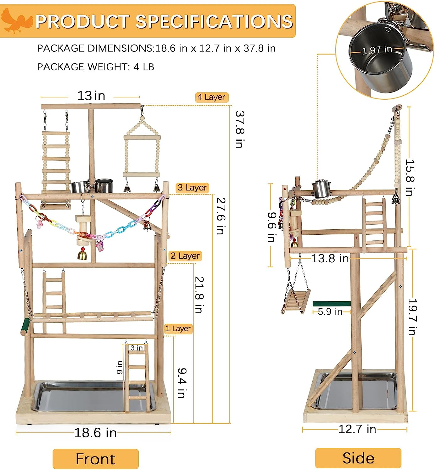 Ibnotuiy Pet Parrot Playstand Parrots Bird Playground Bird Play Stand Wood Perch Gym Playpen Ladder with Feeder Cups Bells for Cockatiel Parakeet (4 Layers) image number 6