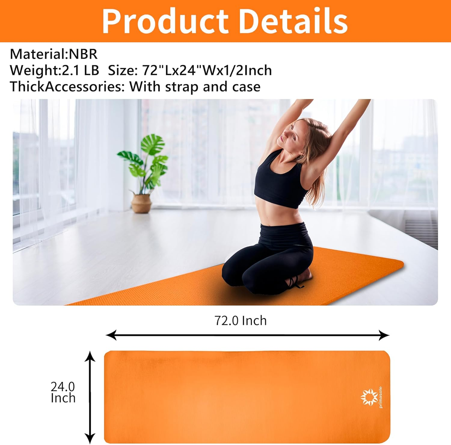 Primasole 1/2 Thick Exercise Mat with Carry Strap & Case Mat for Yoga Pilates Fitness at Home and Gym 72" L X 24" W image number 3