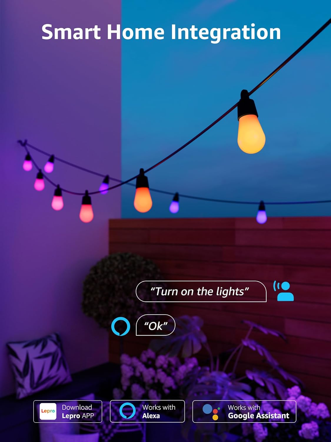 Lepro ZB1 AI Christmas Outdoor String Lights 15M, Smart Festoon Lights Outdoor Waterproof IP65, Warm White & RGB Colour Changing, Personalized AI Lighting Designer, Compatible with Alexa, 2.4G Wifi image number 3