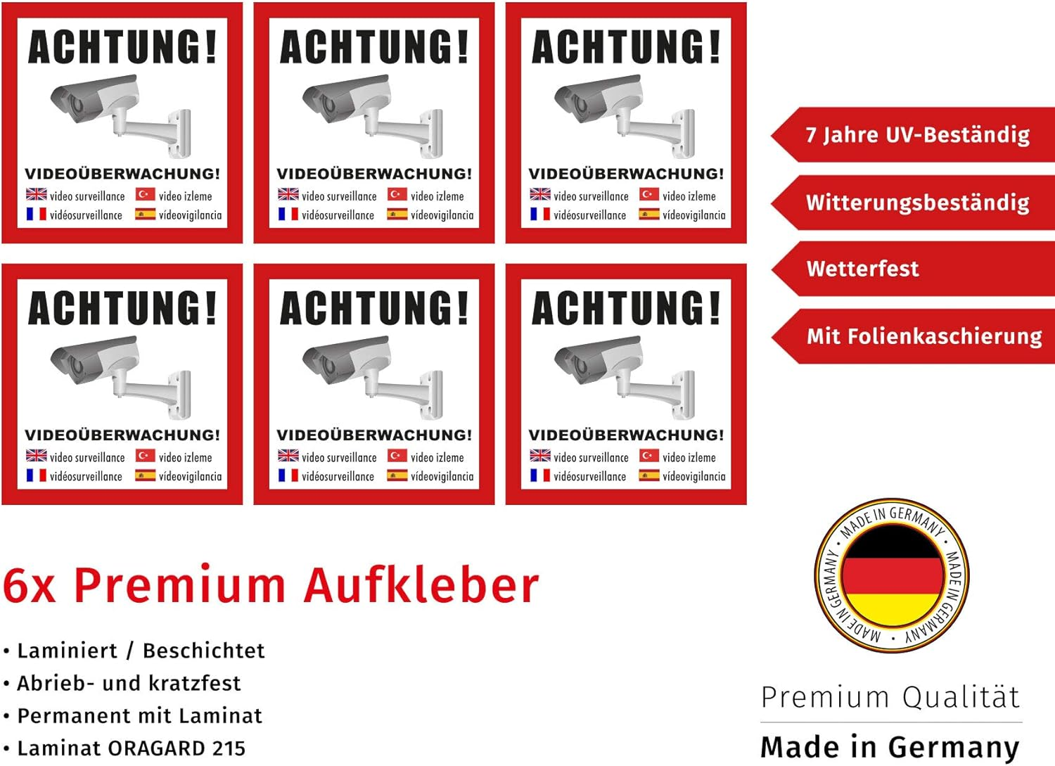 Premium Sticker Set Warning Video Surveillance Alarm Security Alarm System Multilingual Note Weather and UV Resistant Pack of 6 image number 1